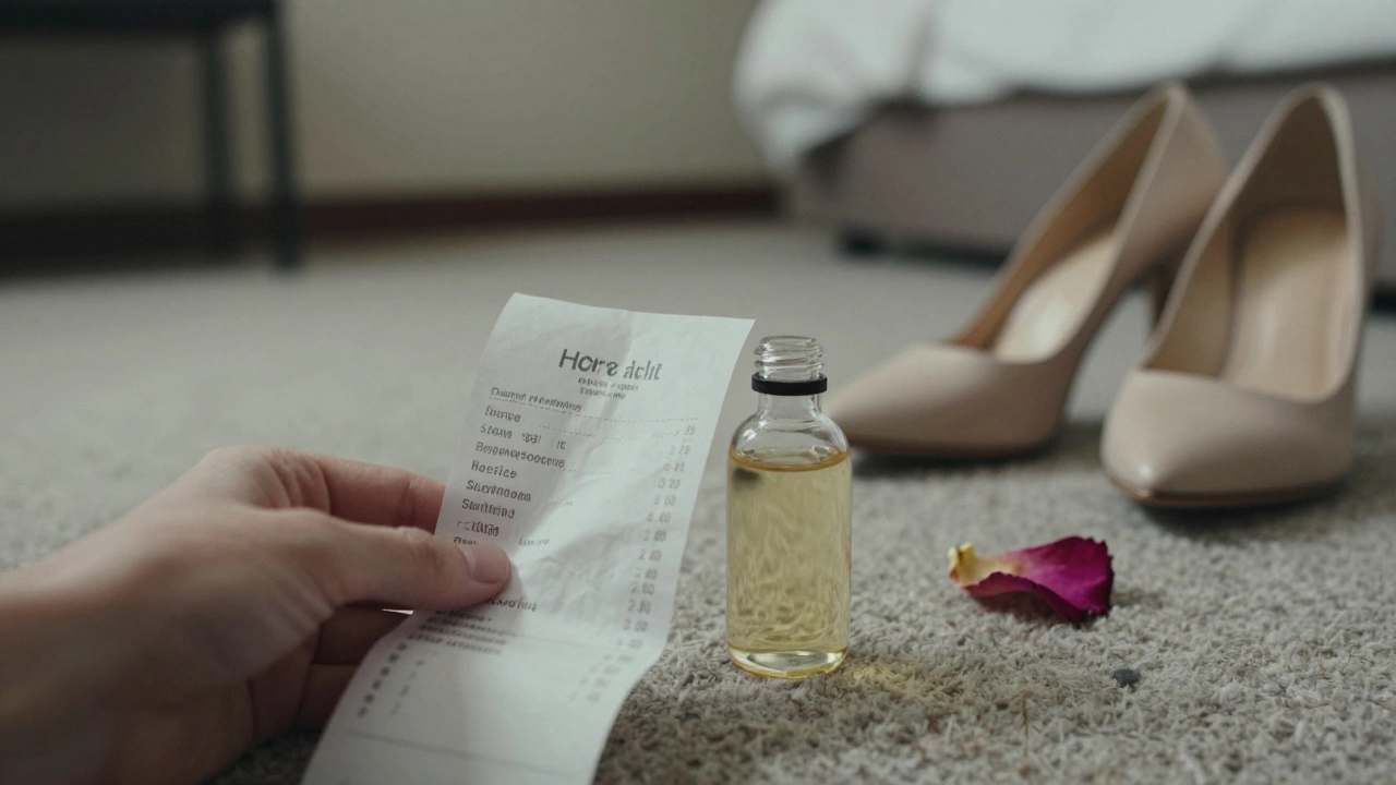 A crumpled spa receipt and scented oil sit beside abandoned high heels on a hotel room floor.