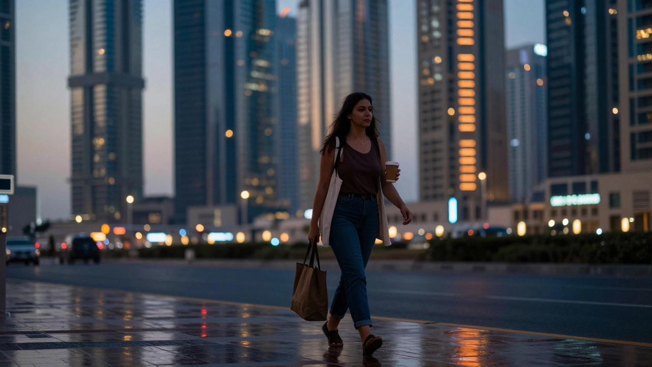 A woman walks alone at twilight in Dubai, luxury towers behind her, face softly shadowed.