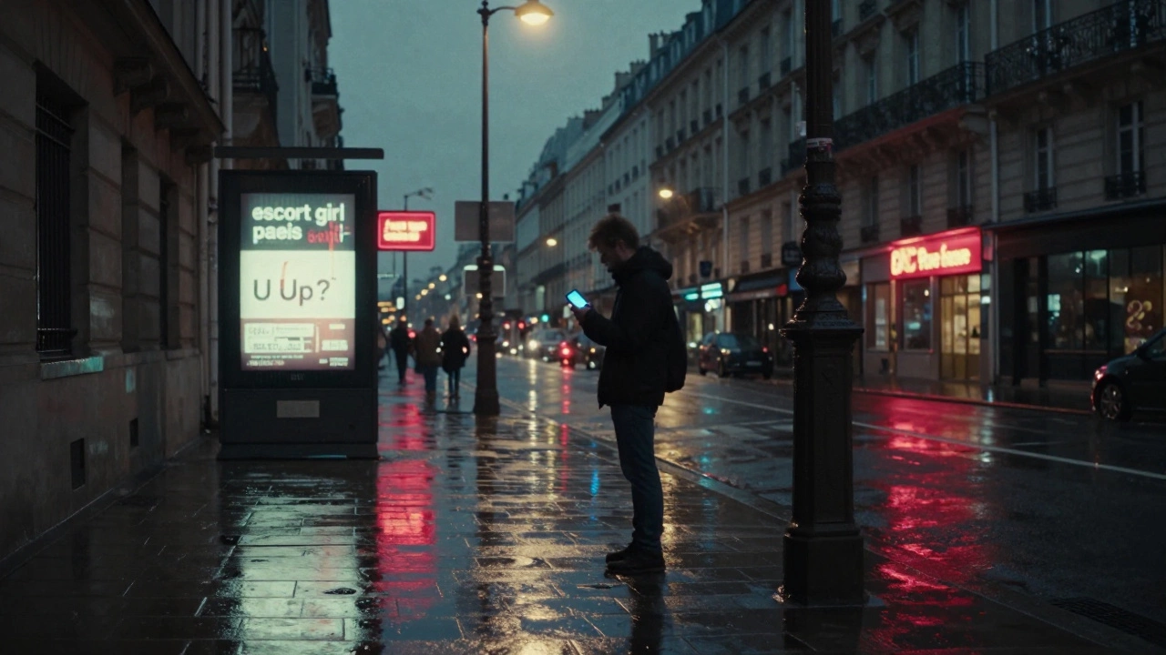 An empty rainy Paris street at night with a blurred figure holding a phone and flickering ads in the background.
