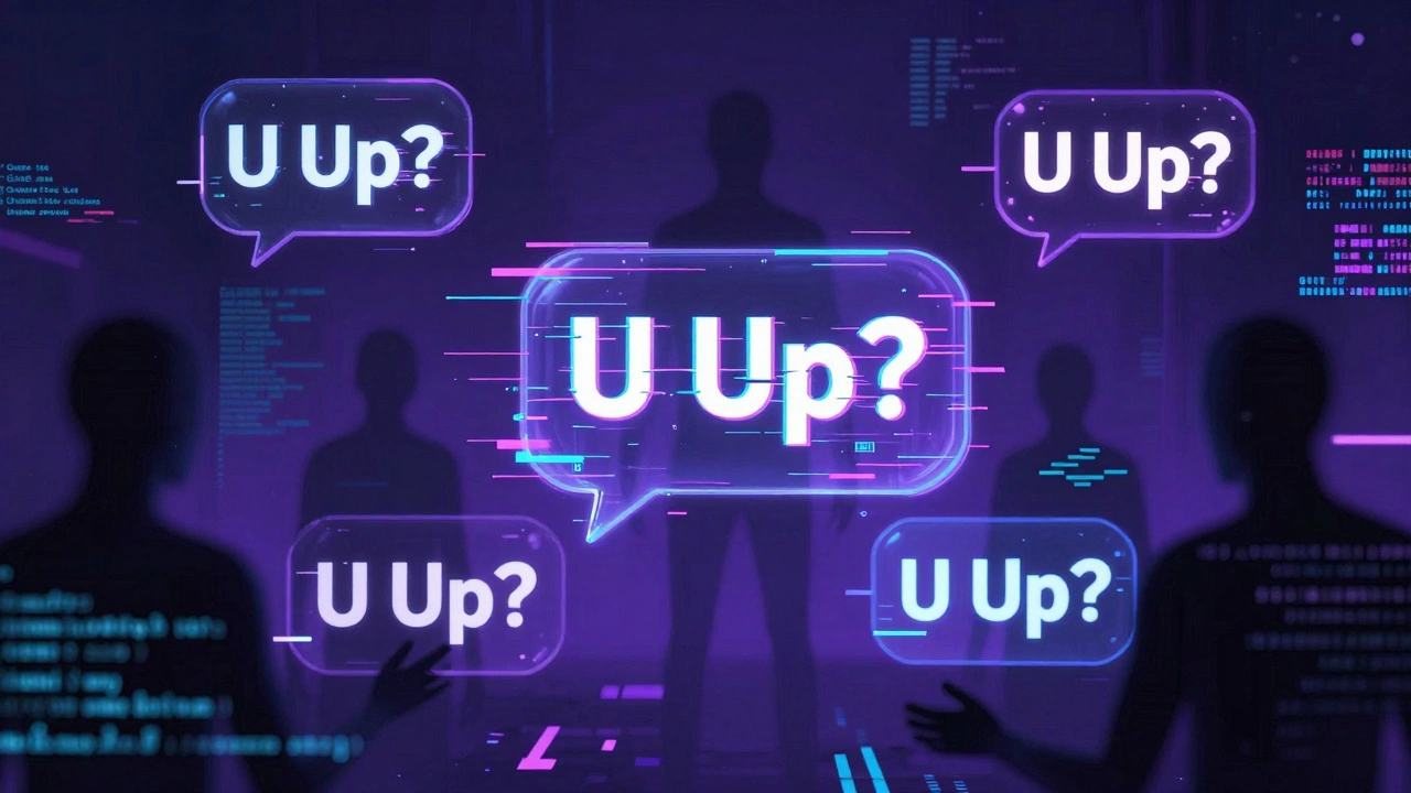 Floating glitchy text bubbles shaped like ghosts in a digital void, made of code and pixels.